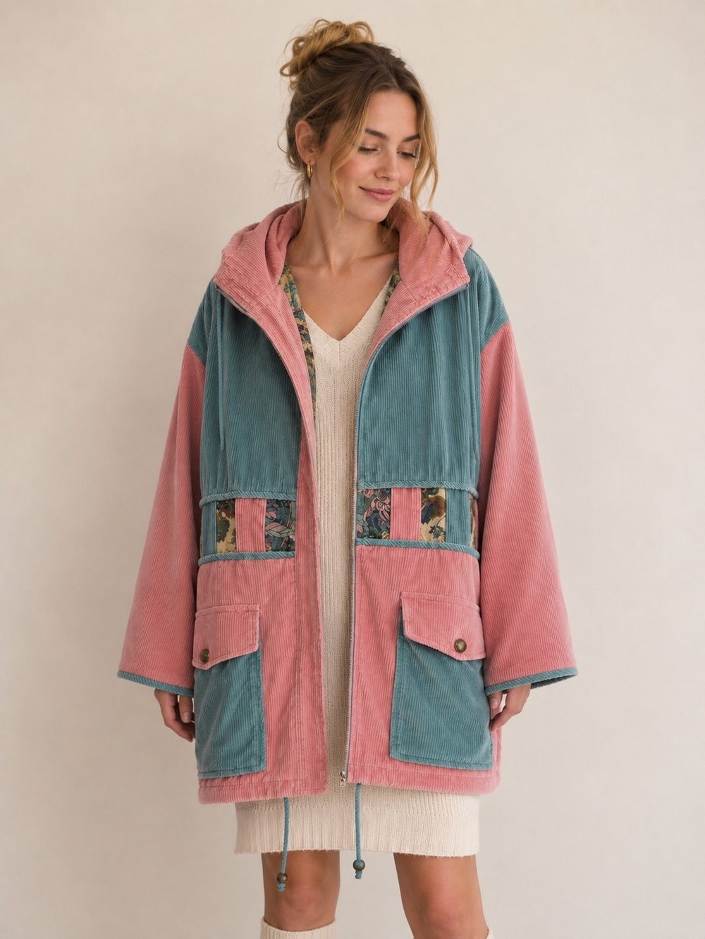 Vintage Suttles & Seawinds Corduroy Hooded Jacket - Pink & Sage - Size M/L